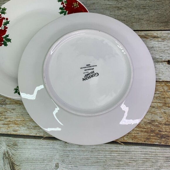 Gibson NOBLE POINSETTIA Red Floral Holly Rim Smooth Lunch Salad Plates Set of 4 - Picture 3 of 11